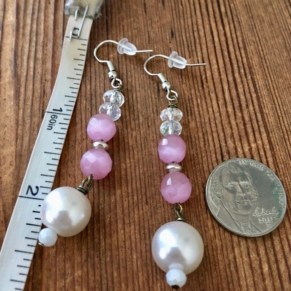 * Pink and Pearl Ladies Dangle Earrings,  Handmade Ladies Earrings - Picture 2 of 2